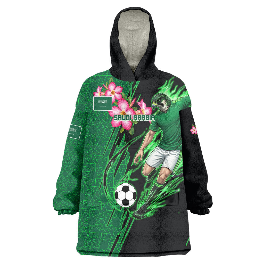 Personalized Saudi Arabia Football Wearable Blanket Hoodie Falcon Mascot Green - Desert Rose Geometric