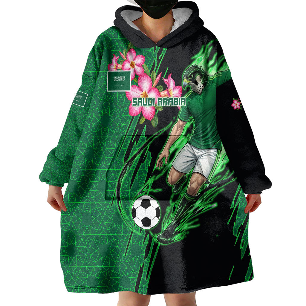 Personalized Saudi Arabia Football Wearable Blanket Hoodie Falcon Mascot Green - Desert Rose Geometric