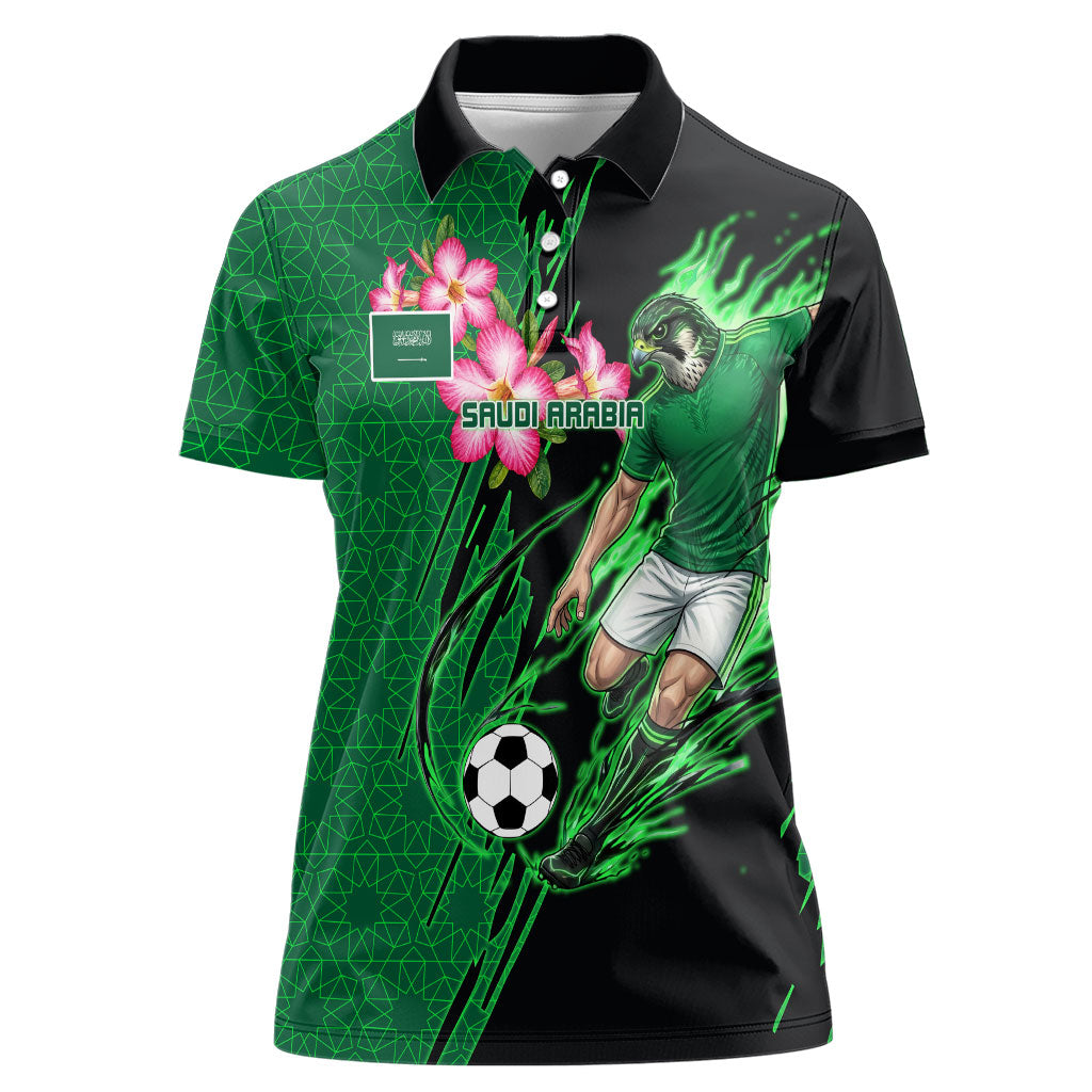 Personalized Saudi Arabia Football Women Polo Shirt Falcon Mascot Green - Desert Rose Geometric