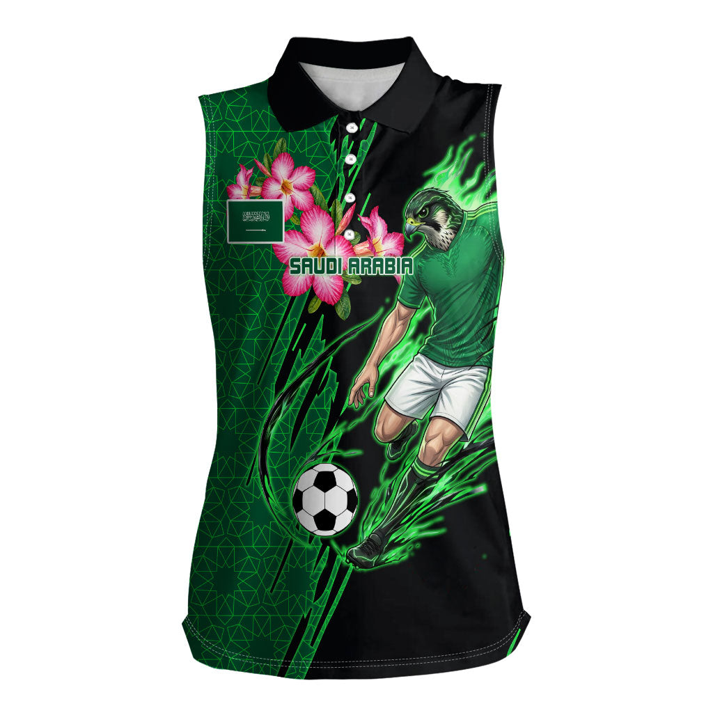 Personalized Saudi Arabia Football Women Sleeveless Polo Shirt Falcon Mascot Green - Desert Rose Geometric