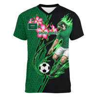 Personalized Saudi Arabia Football Women V-Neck T-Shirt Falcon Mascot Green - Desert Rose Geometric