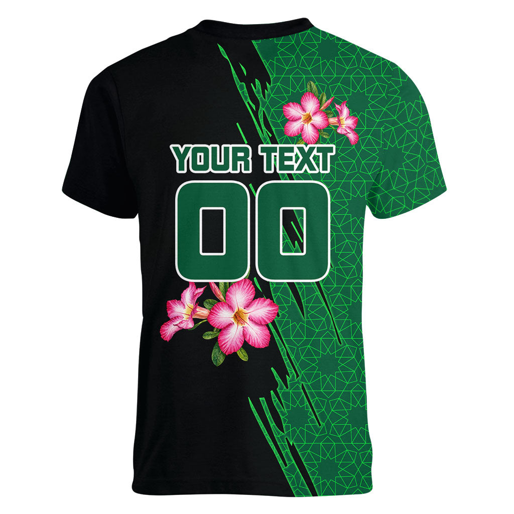 Personalized Saudi Arabia Football Women V-Neck T-Shirt Falcon Mascot Green - Desert Rose Geometric
