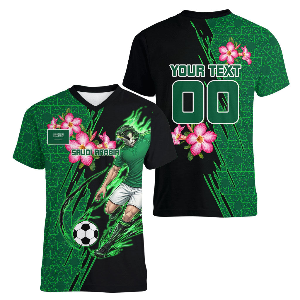 Personalized Saudi Arabia Football Women V-Neck T-Shirt Falcon Mascot Green - Desert Rose Geometric