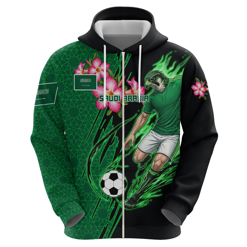 Personalized Saudi Arabia Football Zip Hoodie Falcon Mascot Green - Desert Rose Geometric