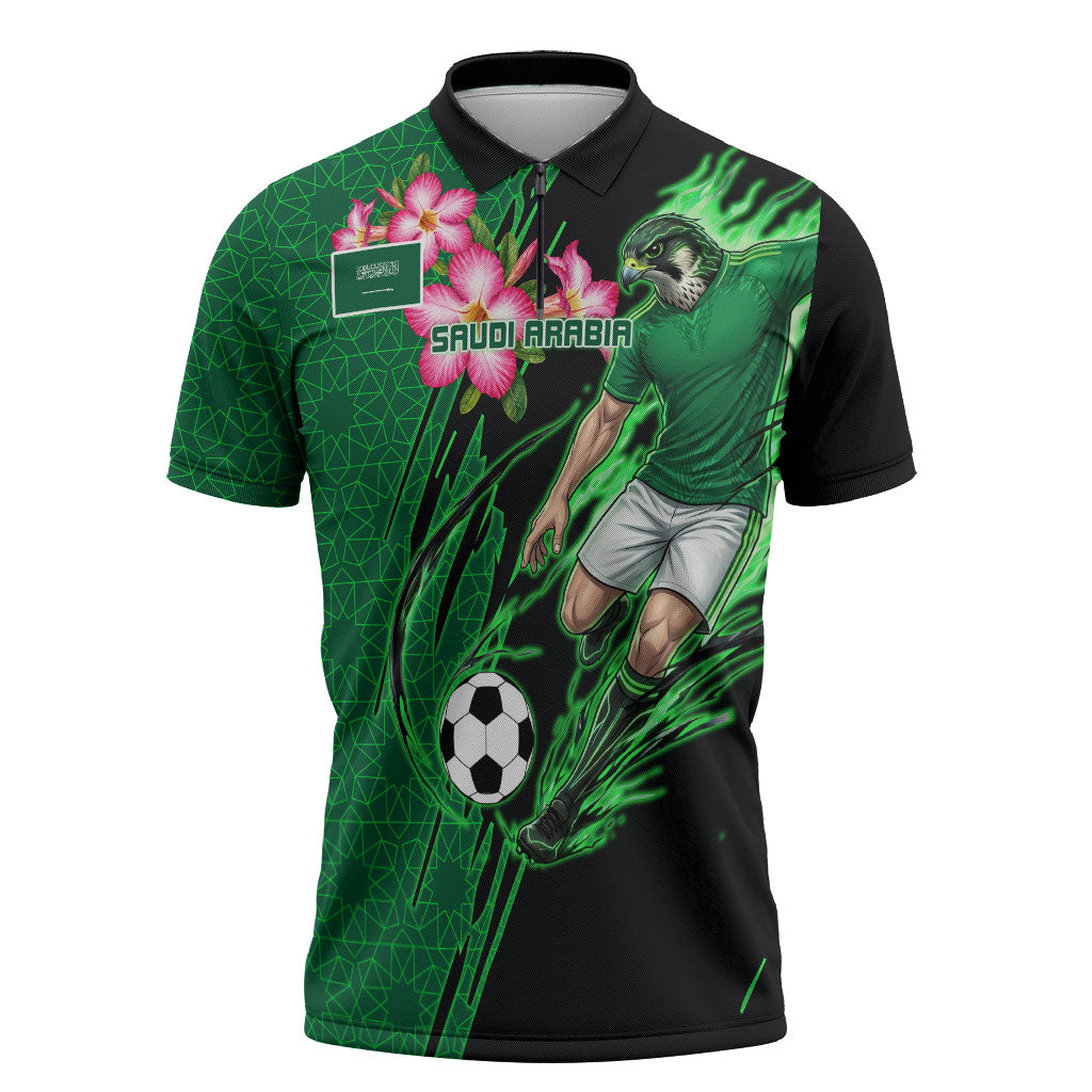 Personalized Saudi Arabia Football Zipper Polo Shirt Falcon Mascot Green - Desert Rose Geometric
