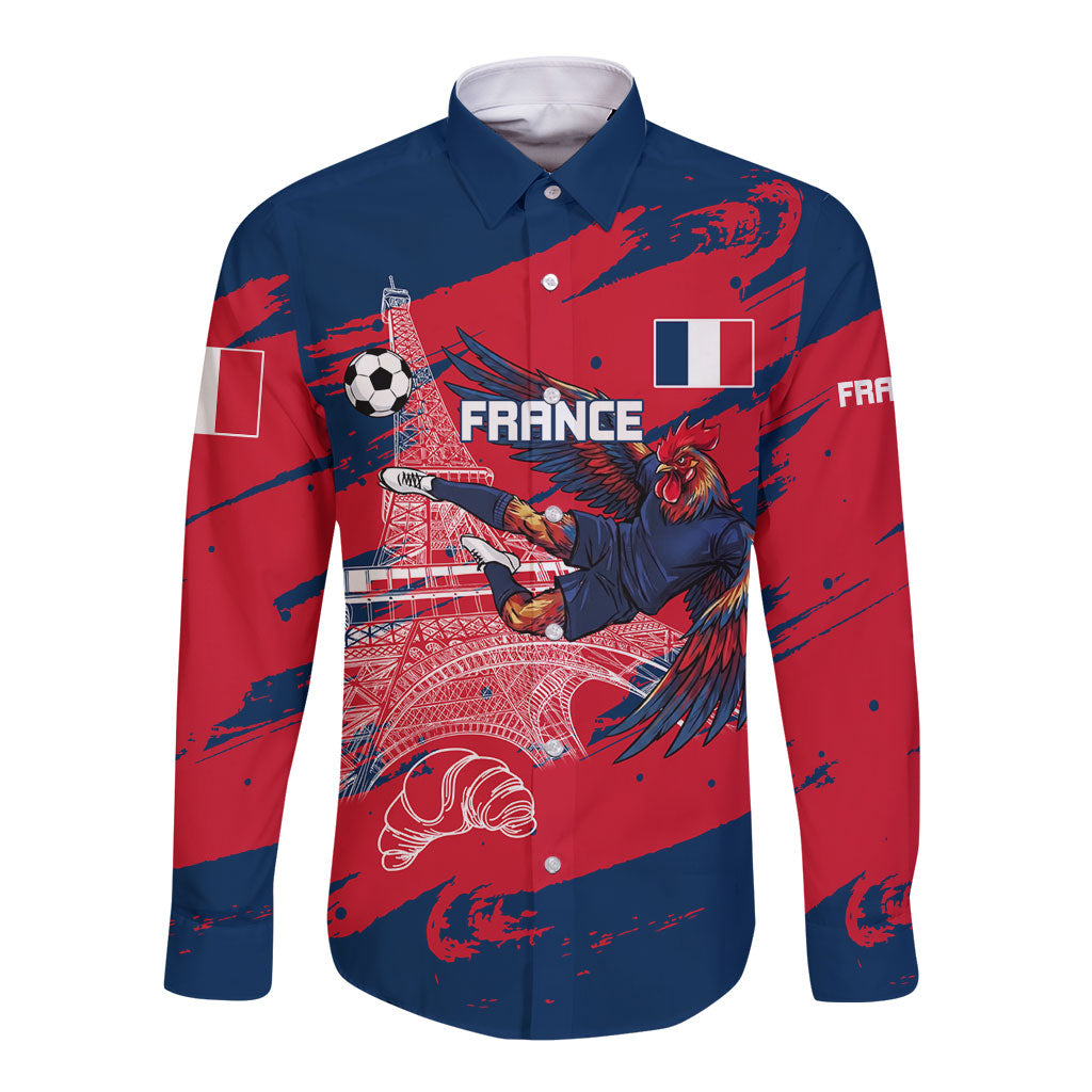 Personalized France Football Gallic Long Sleeve Button Shirt Rooster Mascot Flag Art - Birthplace Of Liberty