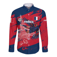 Personalized France Football Gallic Long Sleeve Button Shirt Rooster Mascot Flag Art - Birthplace Of Liberty