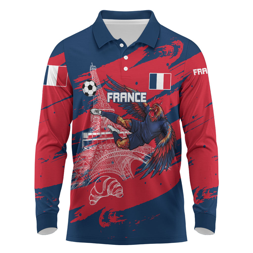 Personalized France Football Gallic Long Sleeve Polo Shirt Rooster Mascot Flag Art - Birthplace Of Liberty