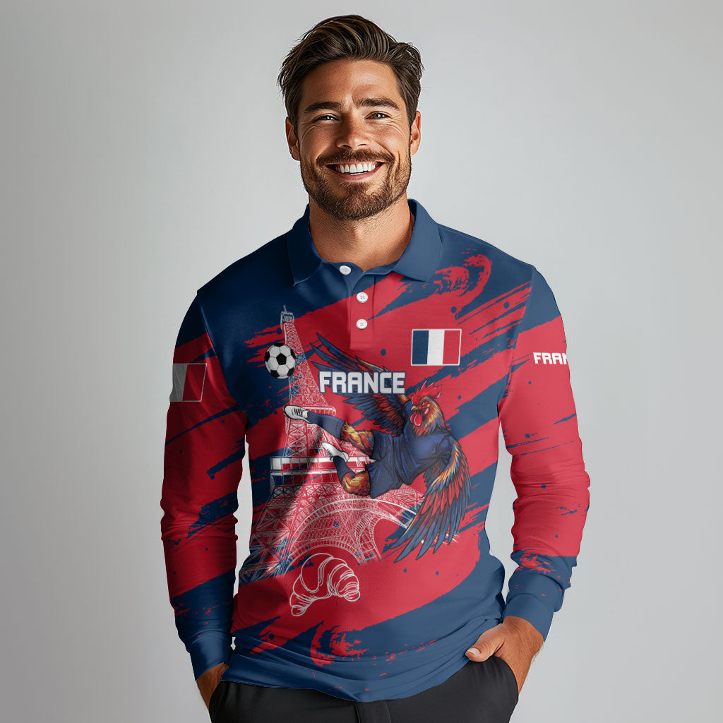 Personalized France Football Gallic Long Sleeve Polo Shirt Rooster Mascot Flag Art - Birthplace Of Liberty