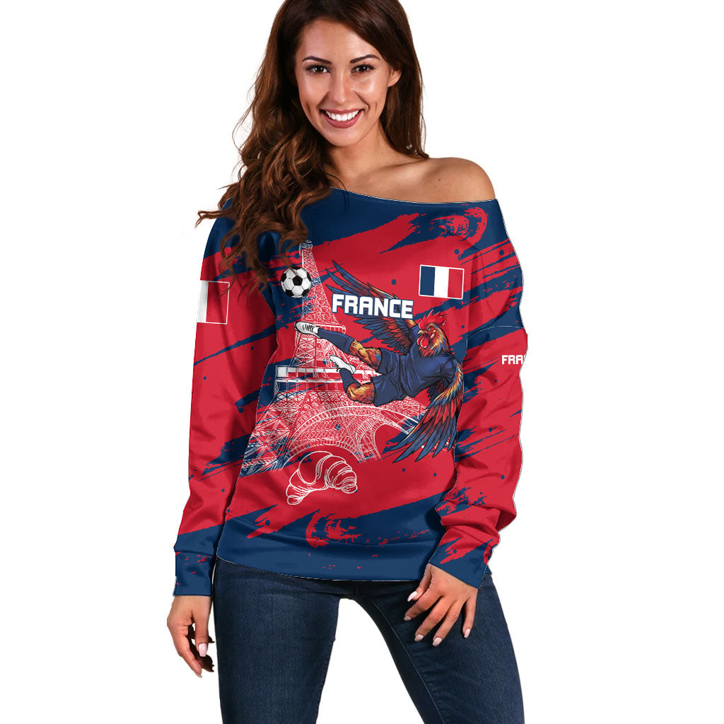 Personalized France Football Gallic Off Shoulder Sweater Rooster Mascot Flag Art - Birthplace Of Liberty
