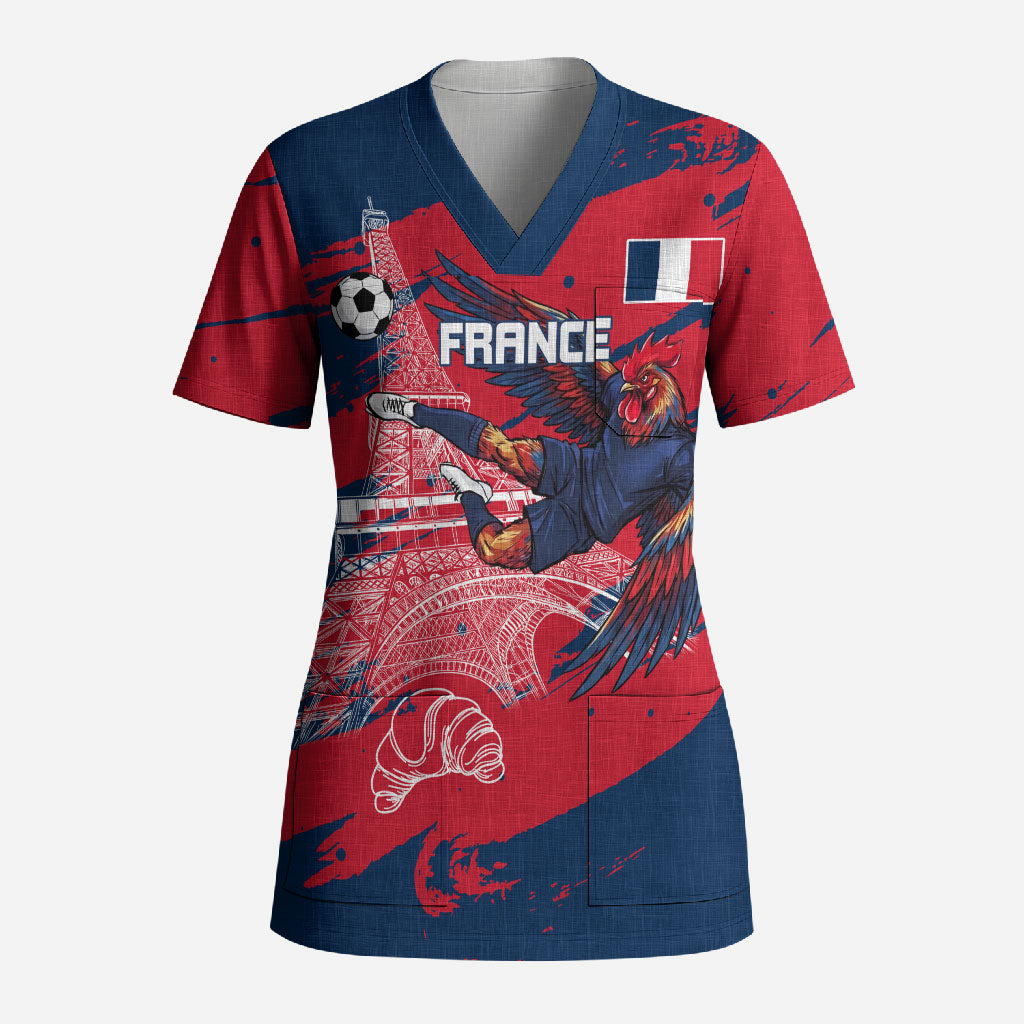Personalized France Football Gallic Scrub Top Rooster Mascot Flag Art - Birthplace Of Liberty