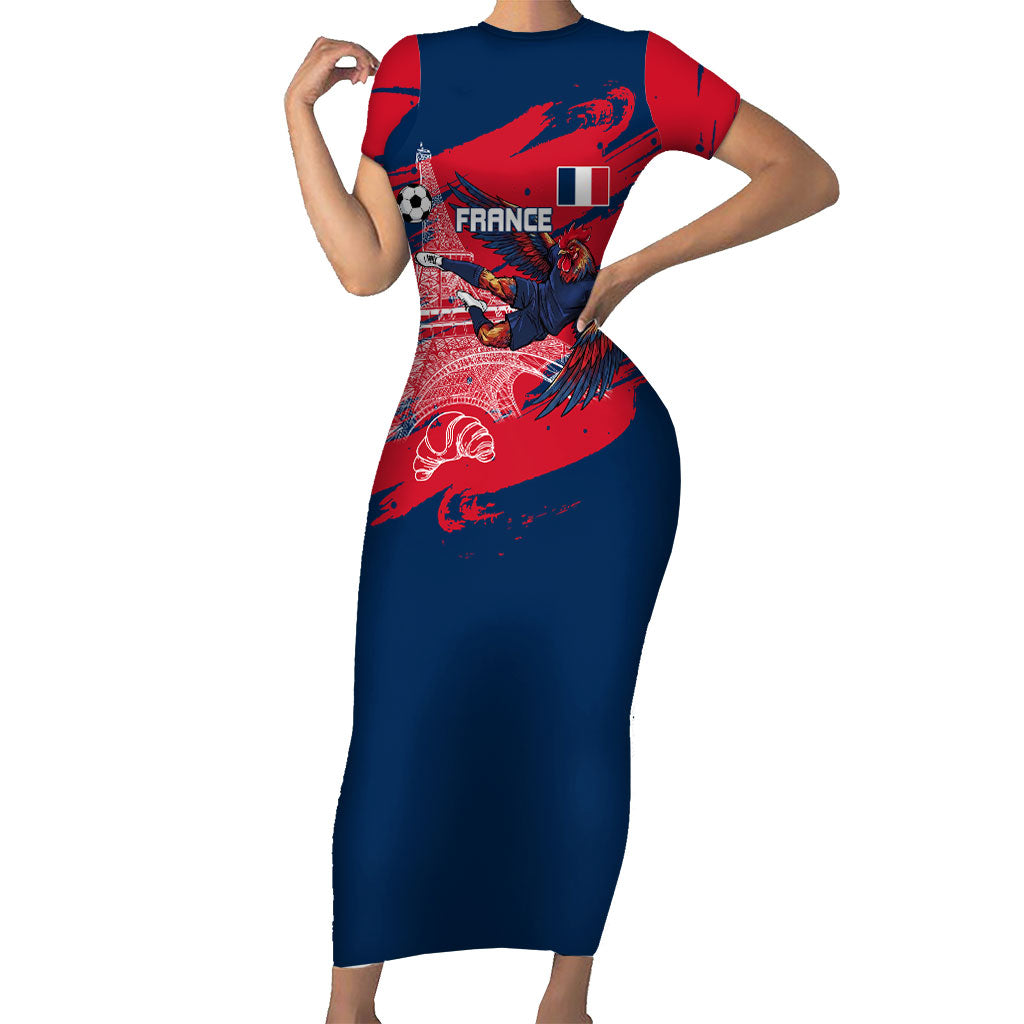 Personalized France Football Gallic Short Sleeve Bodycon Dress Rooster Mascot Flag Art - Birthplace Of Liberty