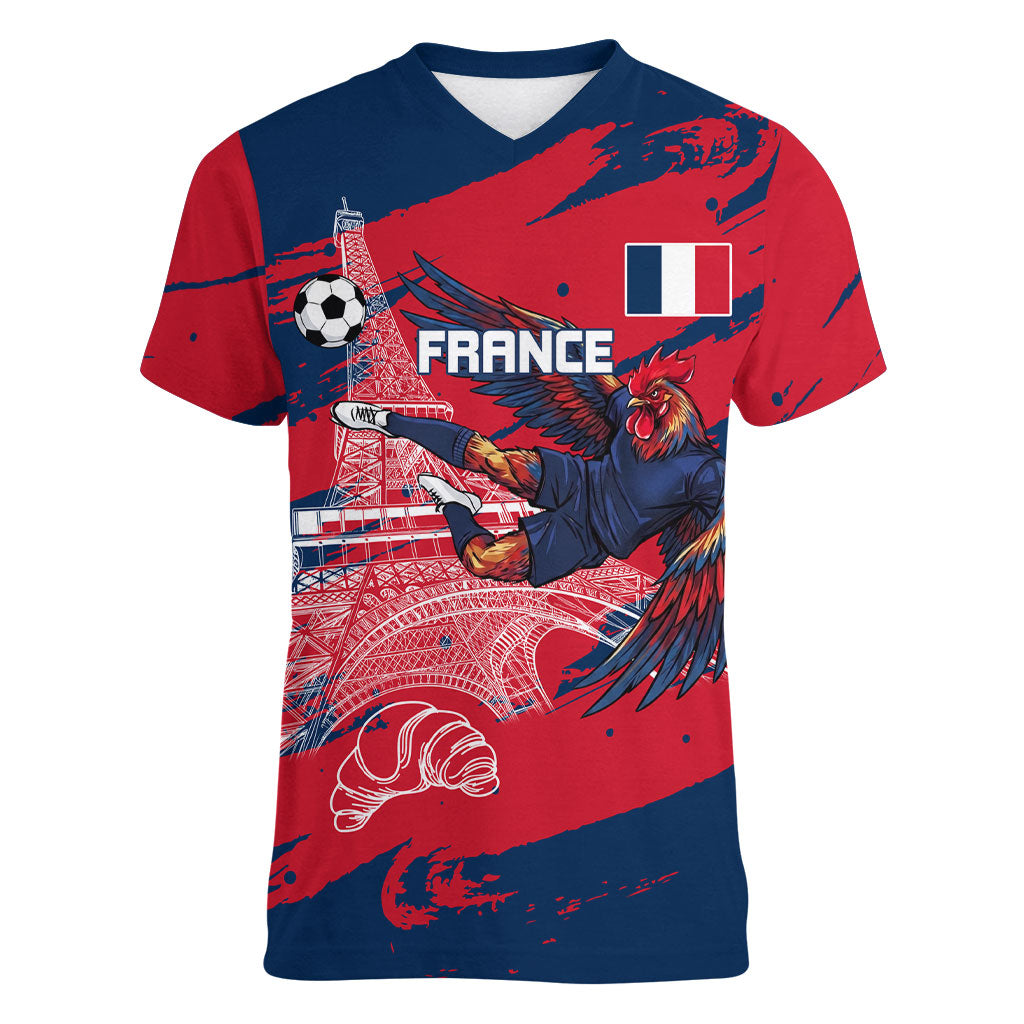 Personalized France Football Gallic Women V-Neck T-Shirt Rooster Mascot Flag Art - Birthplace Of Liberty