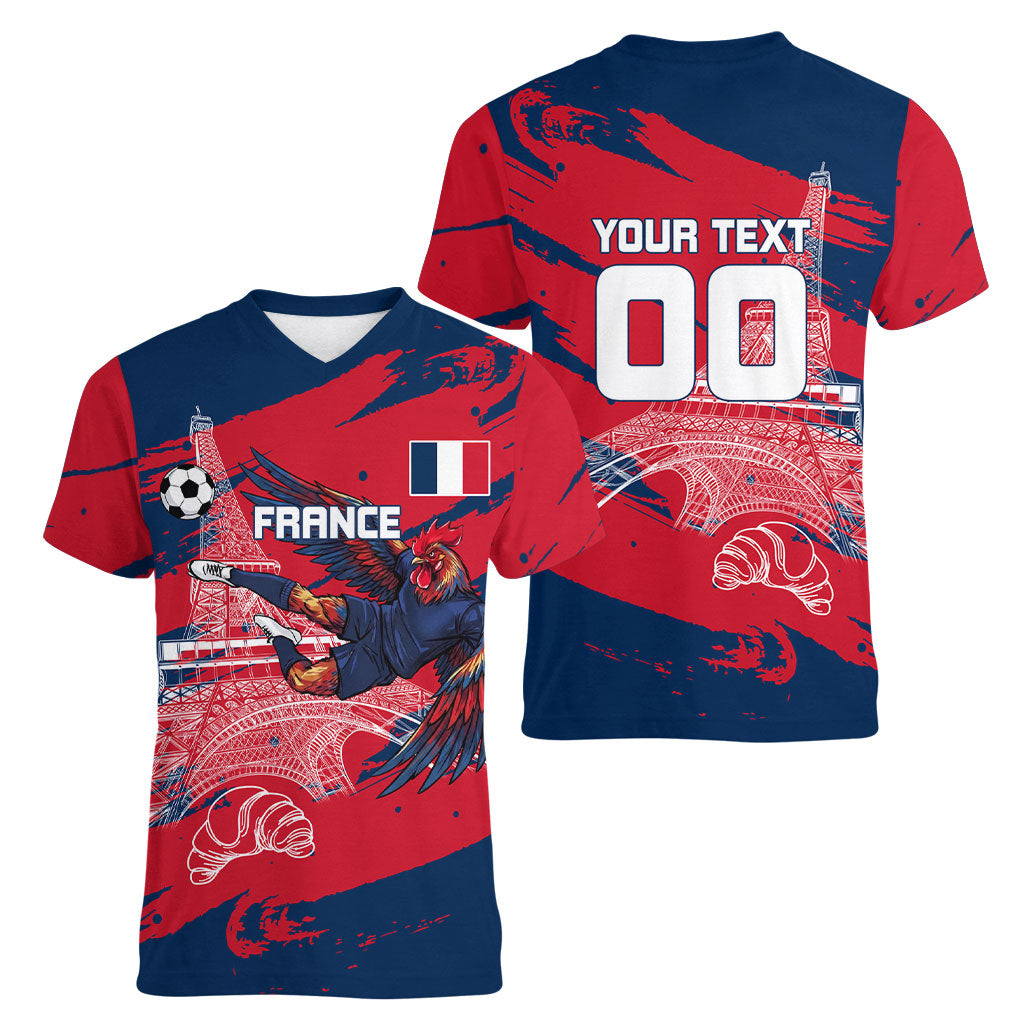 Personalized France Football Gallic Women V-Neck T-Shirt Rooster Mascot Flag Art - Birthplace Of Liberty