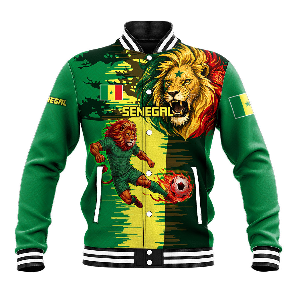Personalized Senegal Football Lion Baseball Jacket Fierce Roaring Lion Soccer Art With Senegal Flag