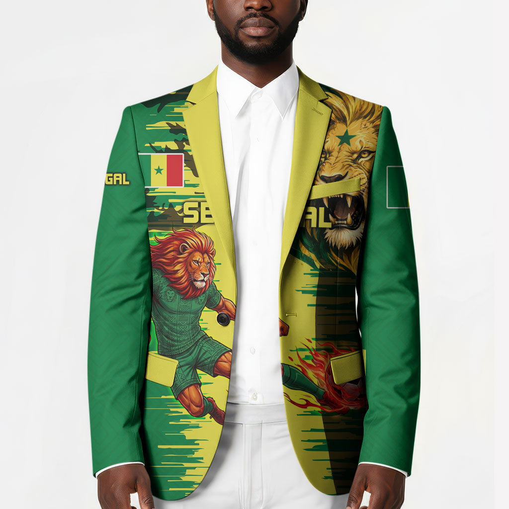 Personalized Senegal Football Lion Blazer Fierce Roaring Lion Soccer Art With Senegal Flag