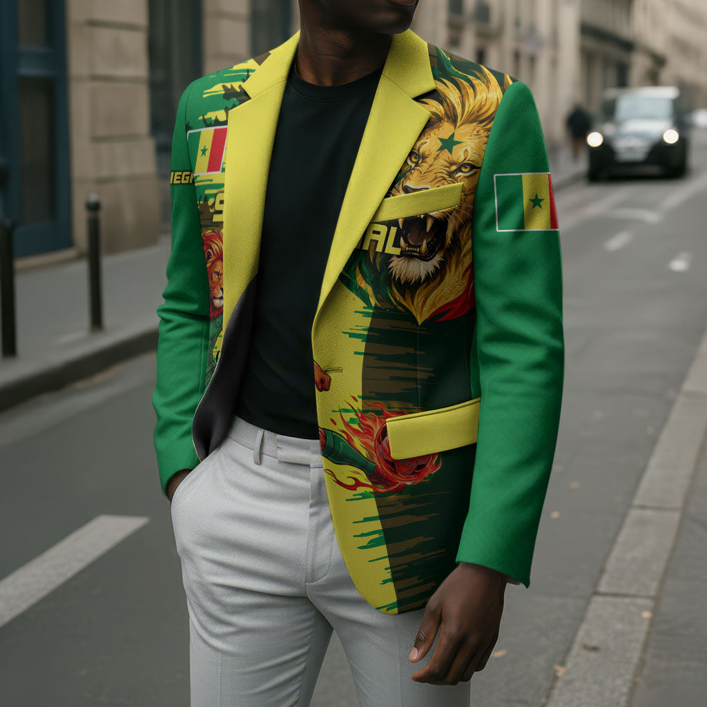 Personalized Senegal Football Lion Blazer Fierce Roaring Lion Soccer Art With Senegal Flag