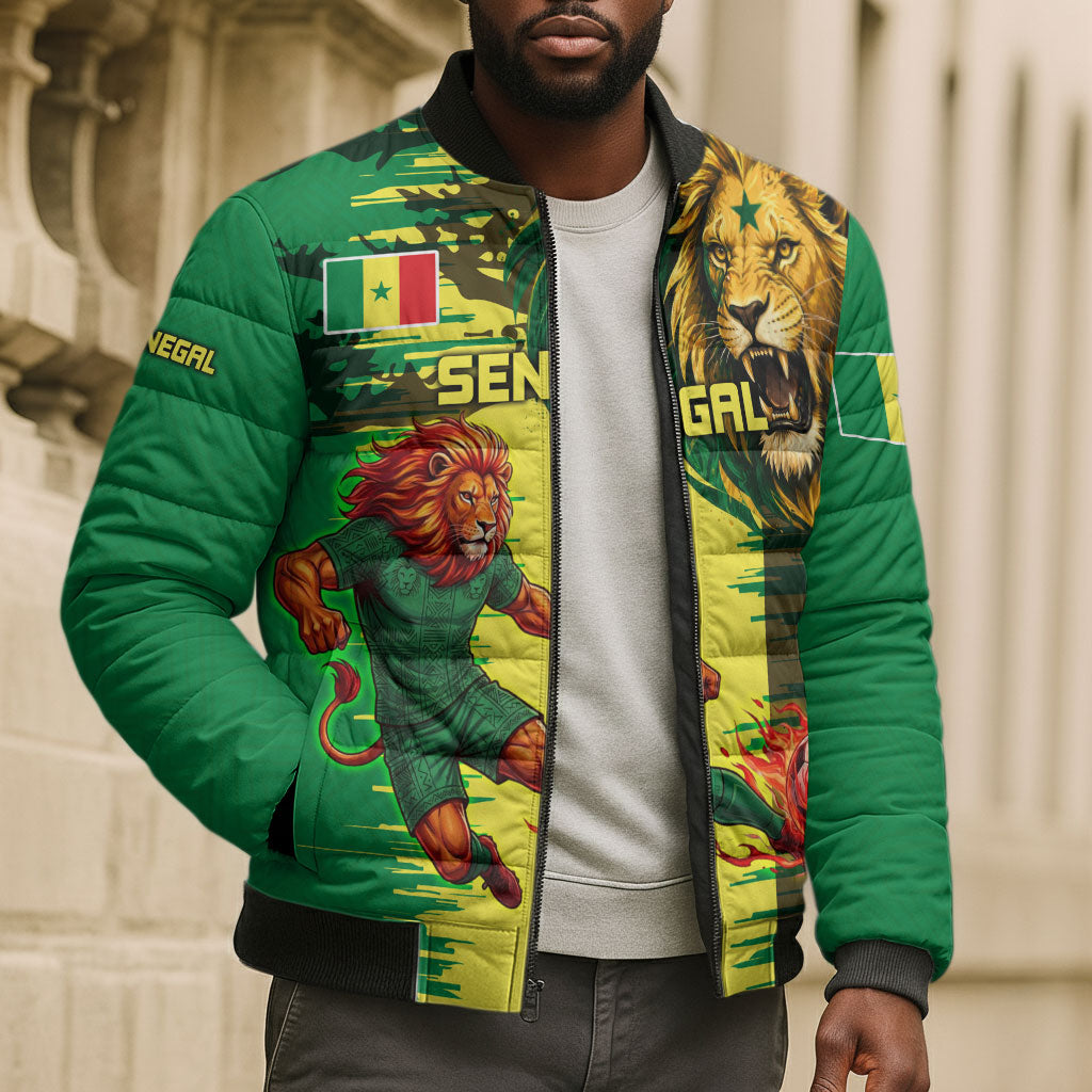 Personalized Senegal Football Lion Bomber Puffer Jacket Fierce Roaring Lion Soccer Art With Senegal Flag