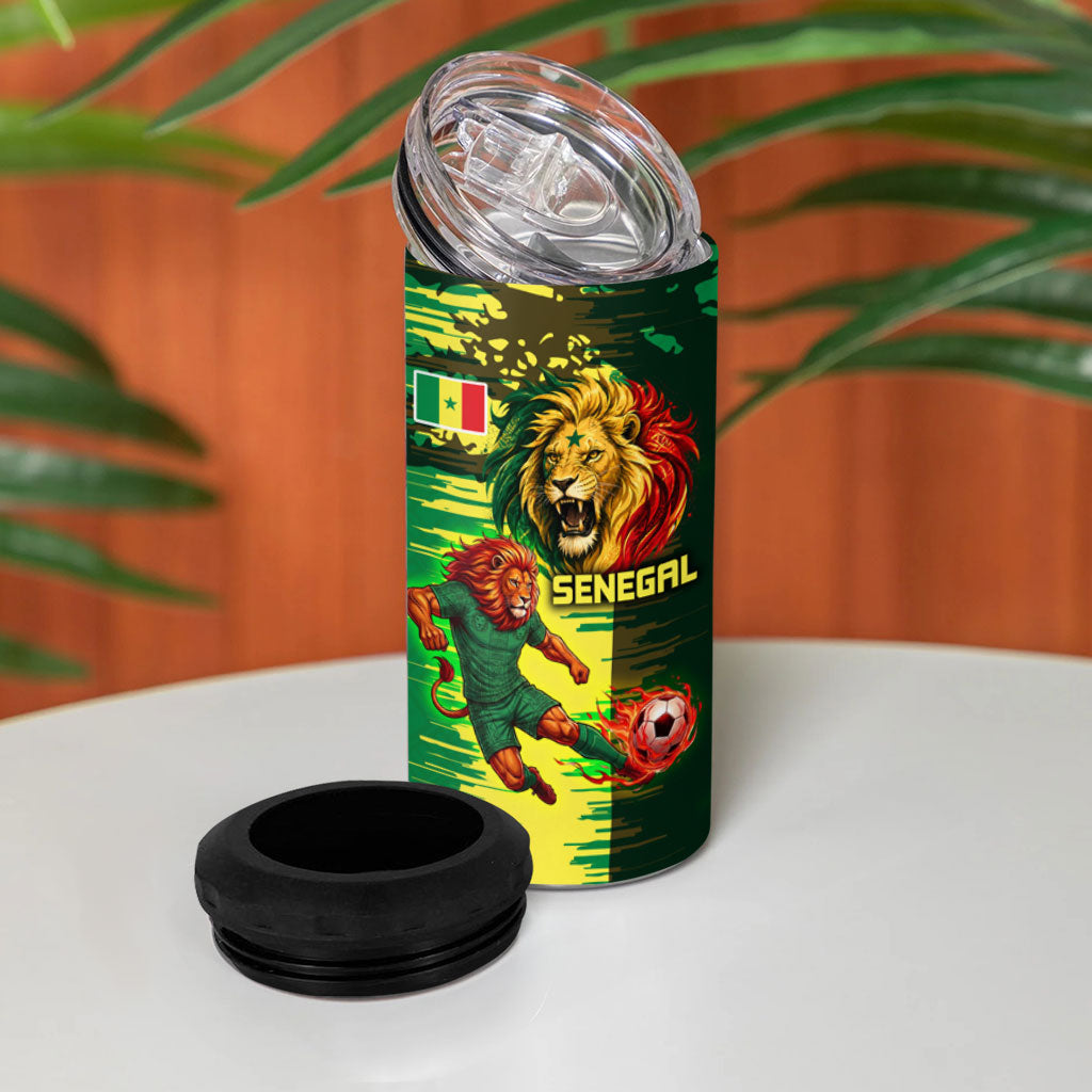 Personalized Senegal Football Lion 4 in 1 Can Cooler Tumbler Fierce Roaring Lion Soccer Art With Senegal Flag