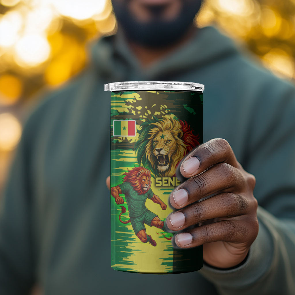 Personalized Senegal Football Lion 4 in 1 Can Cooler Tumbler Fierce Roaring Lion Soccer Art With Senegal Flag