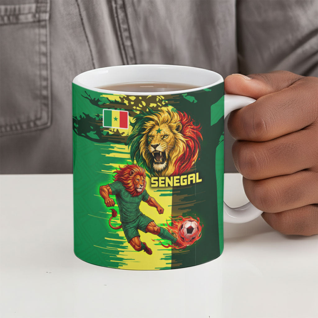 Personalized Senegal Football Lion Ceramic Mug Fierce Roaring Lion Soccer Art With Senegal Flag