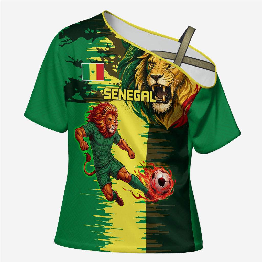 Personalized Senegal Football Lion Cross Shoulder Shirt Fierce Roaring Lion Soccer Art With Senegal Flag
