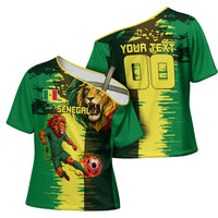 Personalized Senegal Football Lion Cross Shoulder Shirt Fierce Roaring Lion Soccer Art With Senegal Flag