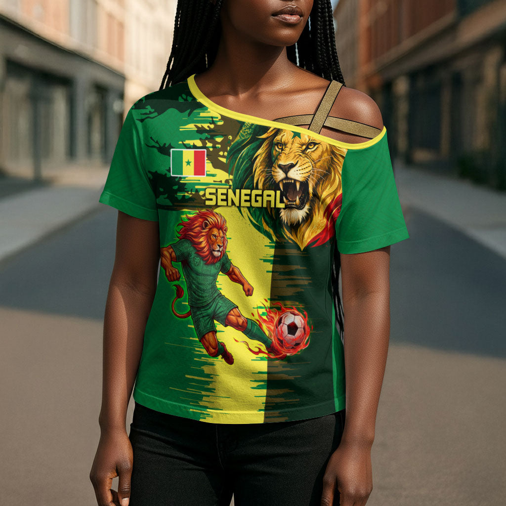 Personalized Senegal Football Lion Cross Shoulder Shirt Fierce Roaring Lion Soccer Art With Senegal Flag
