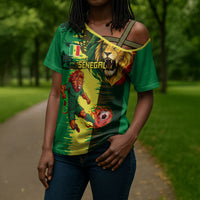 Personalized Senegal Football Lion Cross Shoulder Shirt Fierce Roaring Lion Soccer Art With Senegal Flag