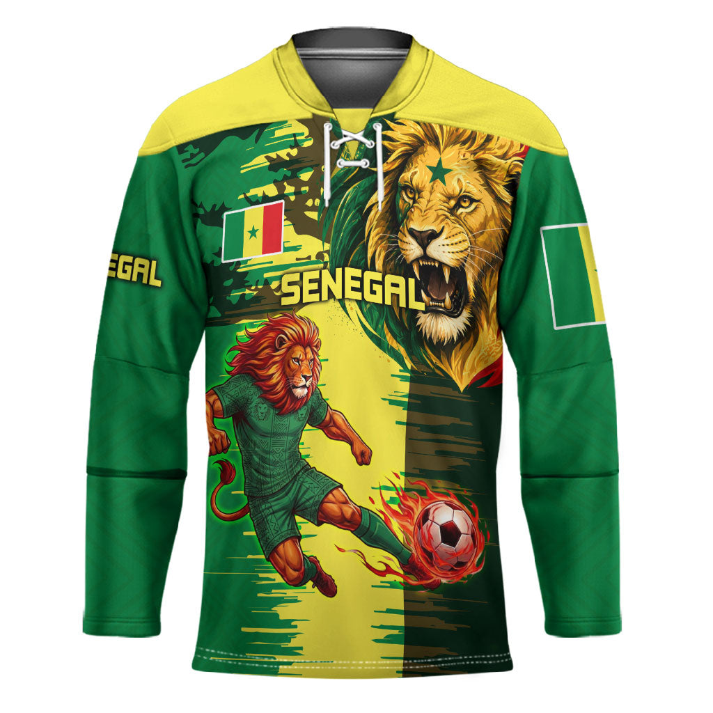 Personalized Senegal Football Lion Hockey Jersey Fierce Roaring Lion Soccer Art With Senegal Flag