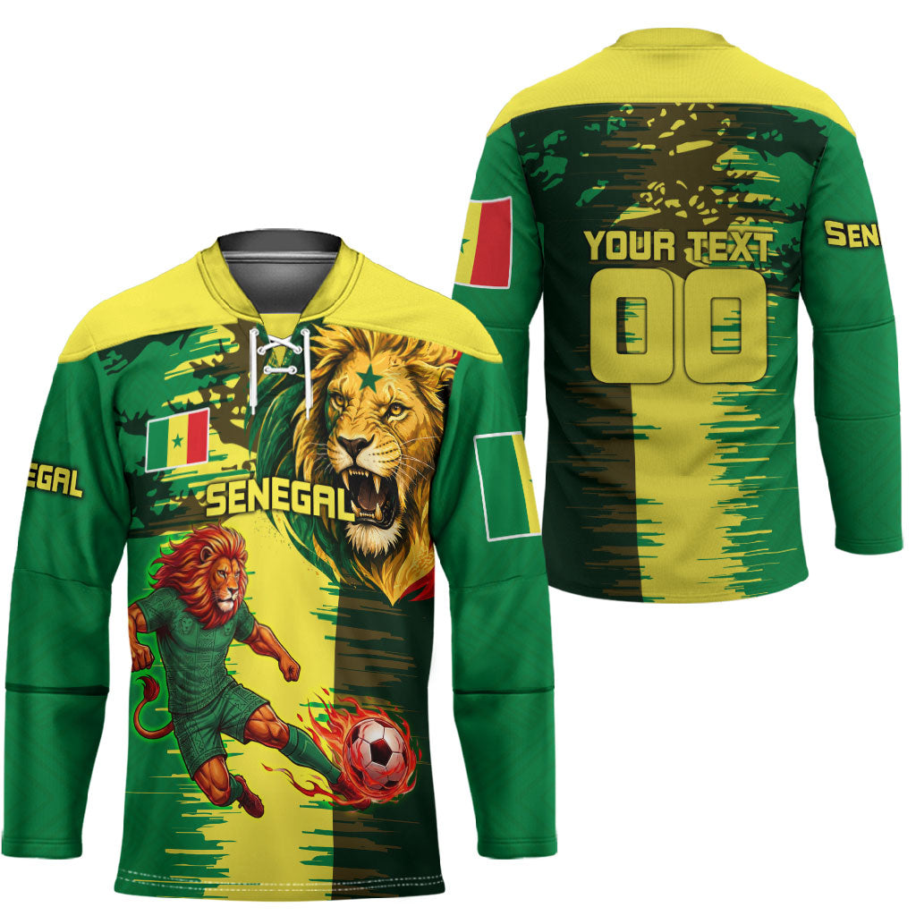 Personalized Senegal Football Lion Hockey Jersey Fierce Roaring Lion Soccer Art With Senegal Flag