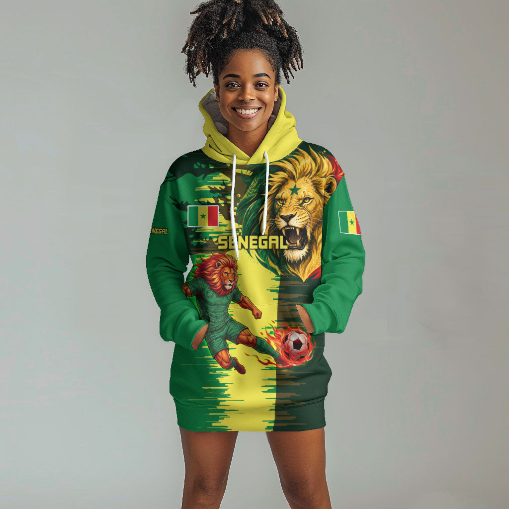 Personalized Senegal Football Lion Hoodie Dress Fierce Roaring Lion Soccer Art With Senegal Flag