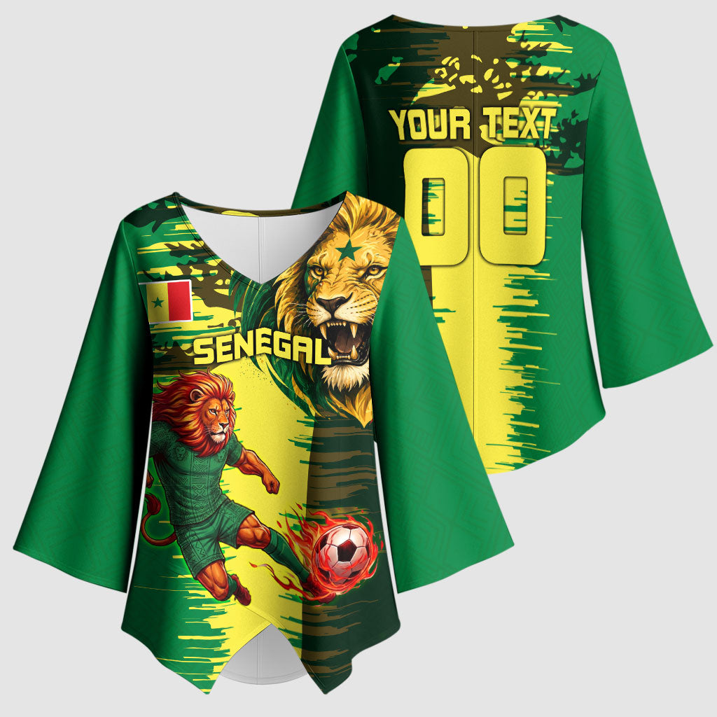 Personalized Senegal Football Lion Kimono Sleeve Blouse Fierce Roaring Lion Soccer Art With Senegal Flag