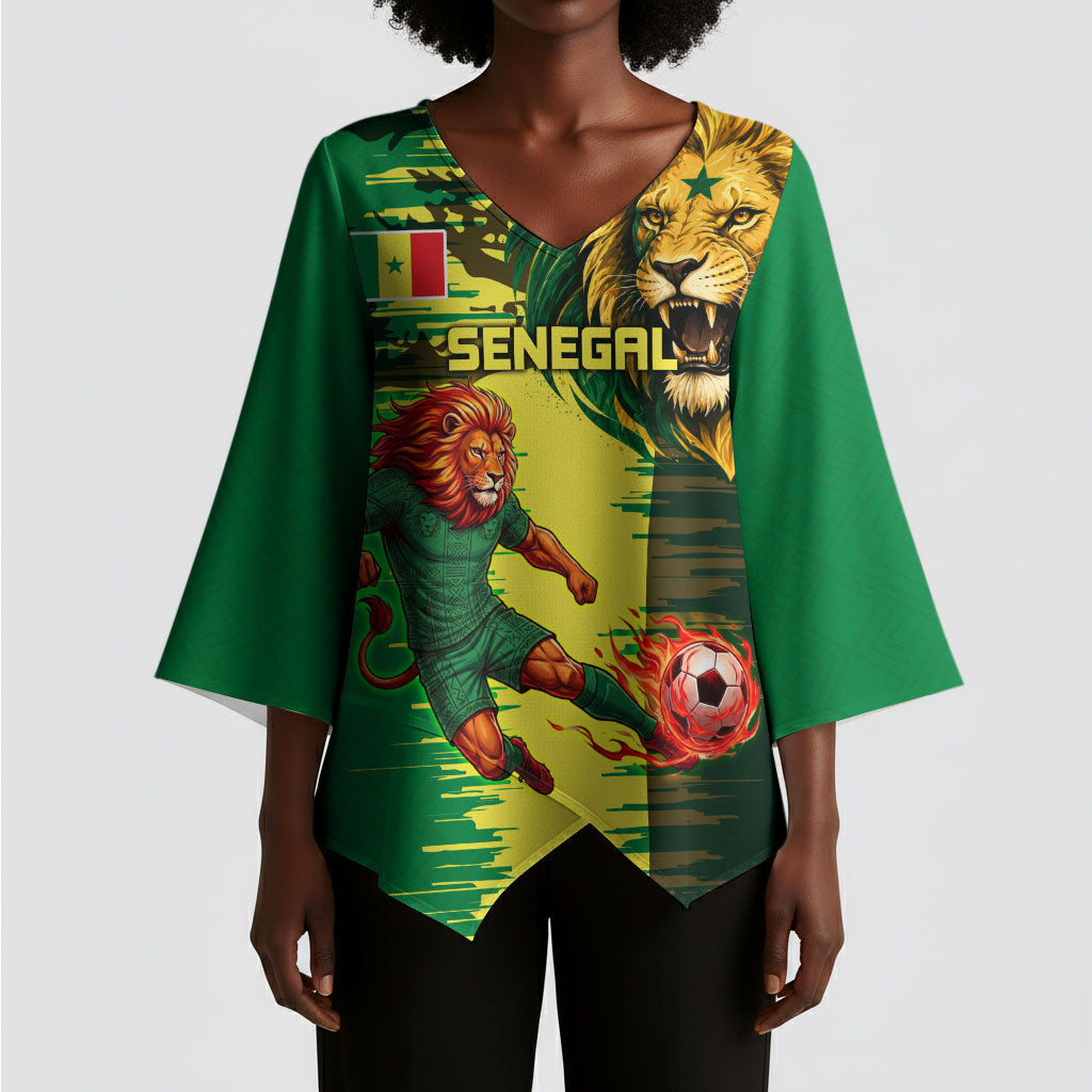 Personalized Senegal Football Lion Kimono Sleeve Blouse Fierce Roaring Lion Soccer Art With Senegal Flag
