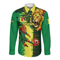 Personalized Senegal Football Lion Long Sleeve Button Shirt Fierce Roaring Lion Soccer Art With Senegal Flag