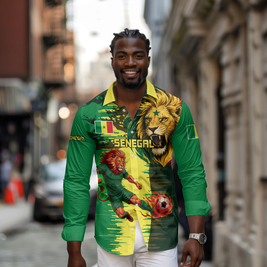 Personalized Senegal Football Lion Long Sleeve Button Shirt Fierce Roaring Lion Soccer Art With Senegal Flag