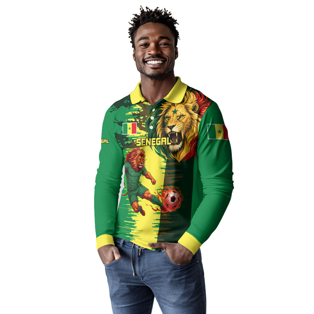 Personalized Senegal Football Lion Long Sleeve Polo Shirt Fierce Roaring Lion Soccer Art With Senegal Flag