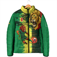 Personalized Senegal Football Lion Padded Jacket Fierce Roaring Lion Soccer Art With Senegal Flag