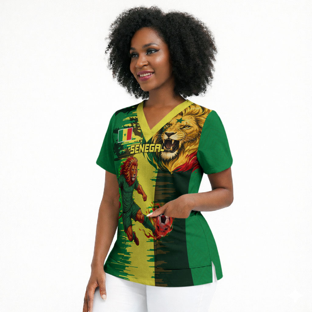 Personalized Senegal Football Lion Scrub Top Fierce Roaring Lion Soccer Art With Senegal Flag
