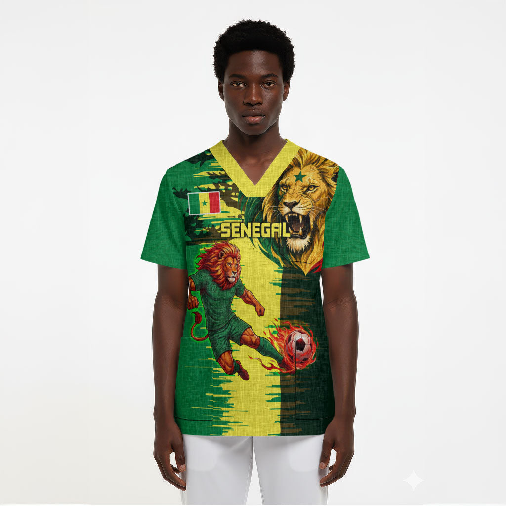 Personalized Senegal Football Lion Scrub Top Fierce Roaring Lion Soccer Art With Senegal Flag