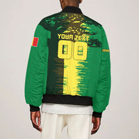 Personalized Senegal Football Lion Sleeve Zip Bomber Jacket Fierce Roaring Lion Soccer Art With Senegal Flag