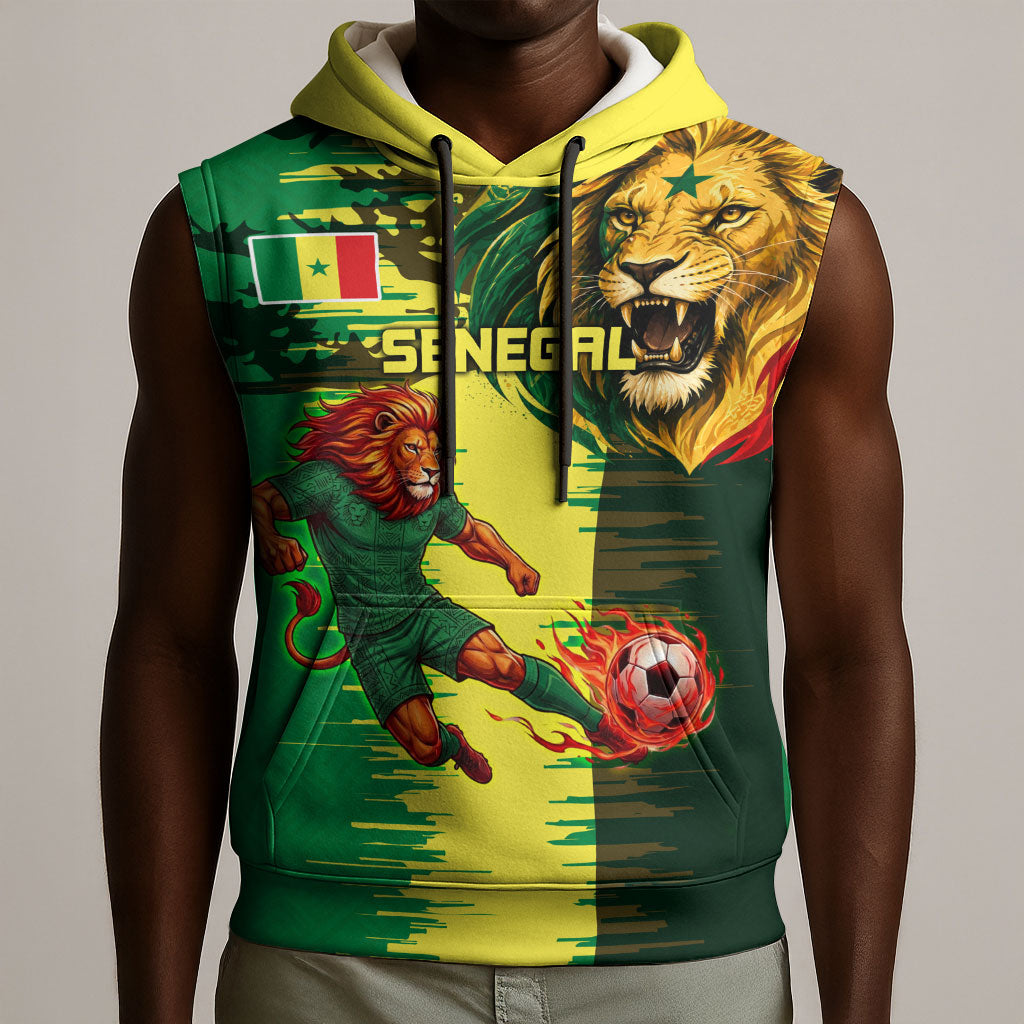 Personalized Senegal Football Lion Sleeveless Hoodie Fierce Roaring Lion Soccer Art With Senegal Flag