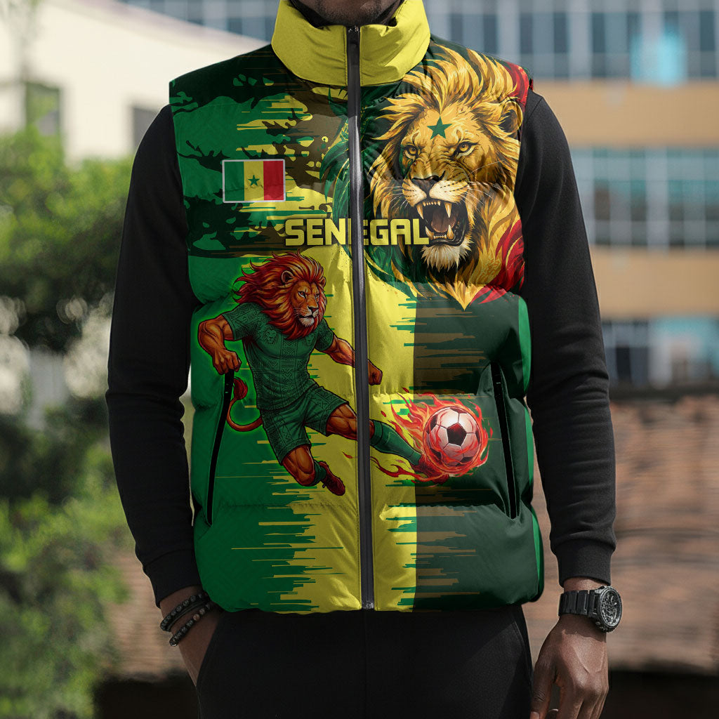 Personalized Senegal Football Lion Sleeveless Puffer Jacket Fierce Roaring Lion Soccer Art With Senegal Flag