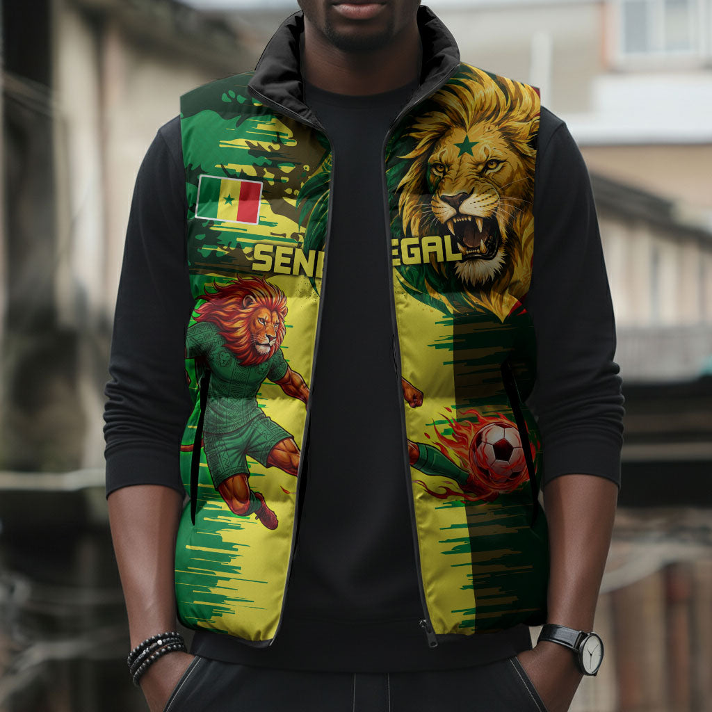 Personalized Senegal Football Lion Sleeveless Puffer Jacket Fierce Roaring Lion Soccer Art With Senegal Flag