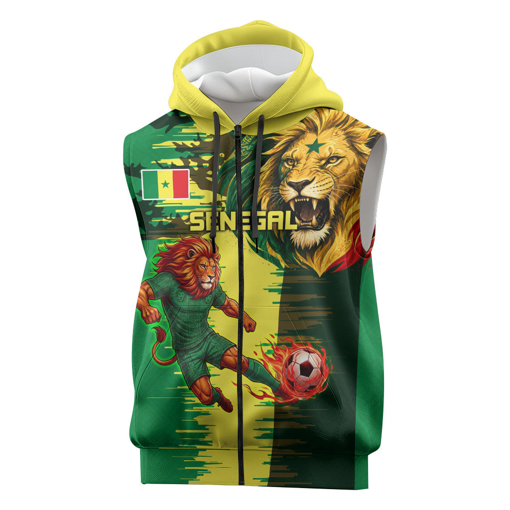 Personalized Senegal Football Lion Sleeveless Zip Hoodie Fierce Roaring Lion Soccer Art With Senegal Flag