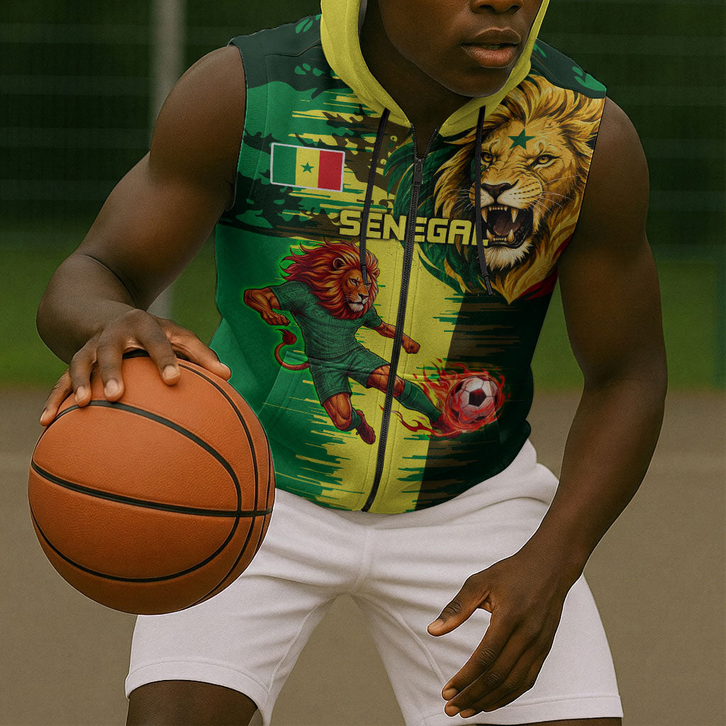 Personalized Senegal Football Lion Sleeveless Zip Hoodie Fierce Roaring Lion Soccer Art With Senegal Flag