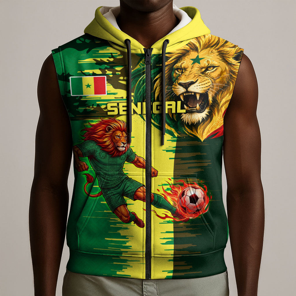 Personalized Senegal Football Lion Sleeveless Zip Hoodie Fierce Roaring Lion Soccer Art With Senegal Flag