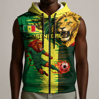 Personalized Senegal Football Lion Sleeveless Zip Hoodie Fierce Roaring Lion Soccer Art With Senegal Flag