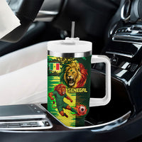 Personalized Senegal Football Lion Tumbler With Handle Fierce Roaring Lion Soccer Art With Senegal Flag