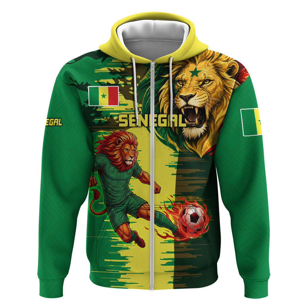 Personalized Senegal Football Lion Zip Hoodie Fierce Roaring Lion Soccer Art With Senegal Flag